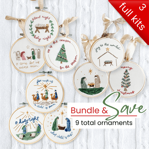 Elly and Grace Bundle 9-PC Christmas Ornament Embroidery Kit Bundle: Silent Night + Joy To The World + For Unto Us