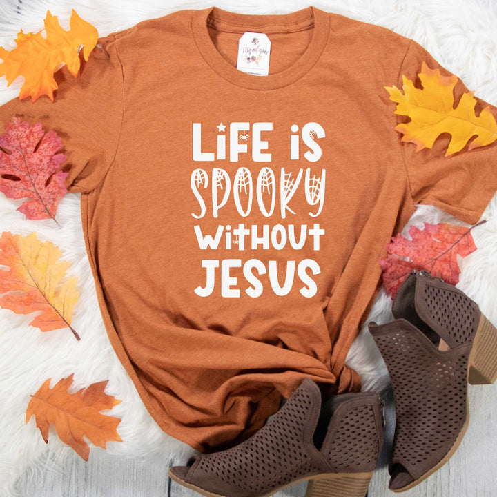 ellyandgrace 3001C Unisex XS / Heather Autumn Life is Spooky Without Jesus Unisex Shirt