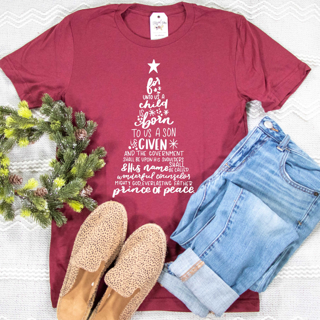 ellyandgrace 3001C Unisex XS / Heather Cardinal For Unto Us Tree Unisex Shirt