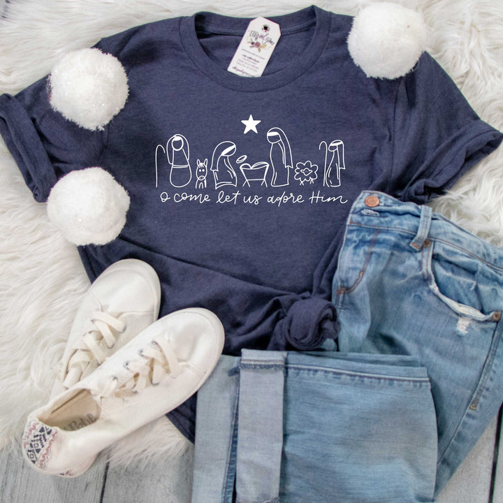 ellyandgrace 3001C Unisex XS / Heather Navy Manger O Come Let Us Adore Him Unisex Shirt