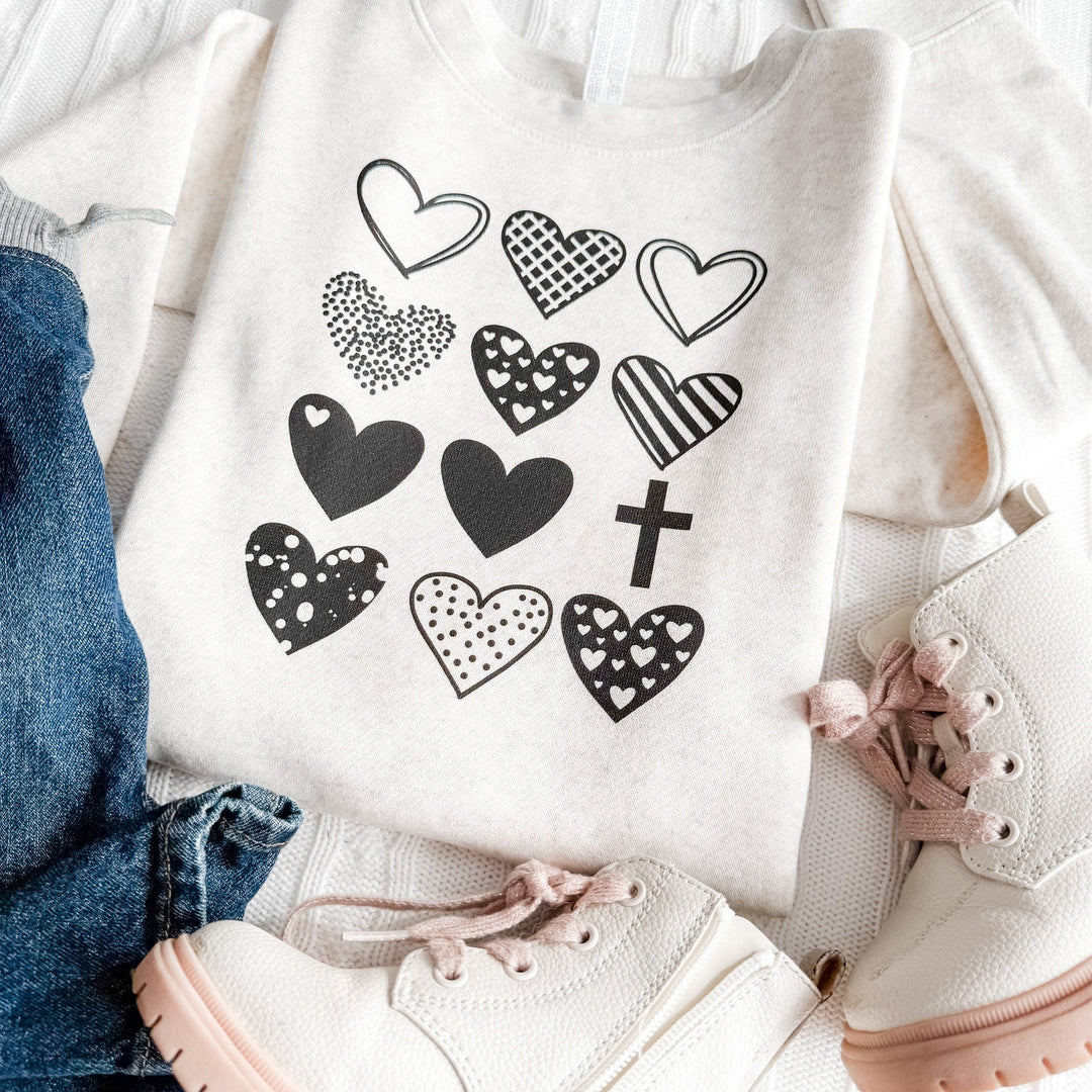 ellyandgrace 3317 Hearts & Cross Toddler Fleece Crewneck Sweatshirt