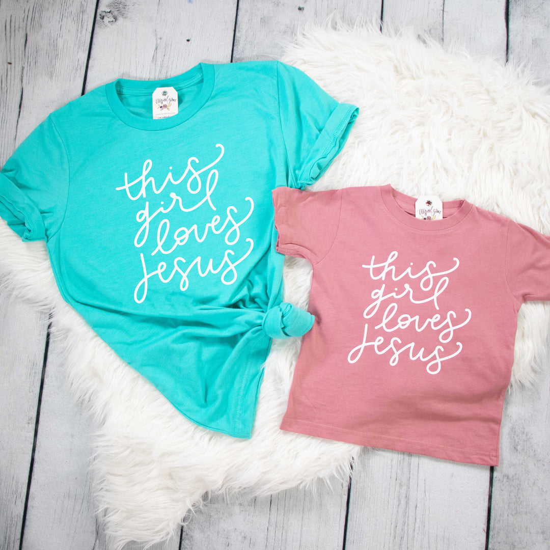 ellyandgrace 3321 This Girl Loves Jesus Toddler Shirt