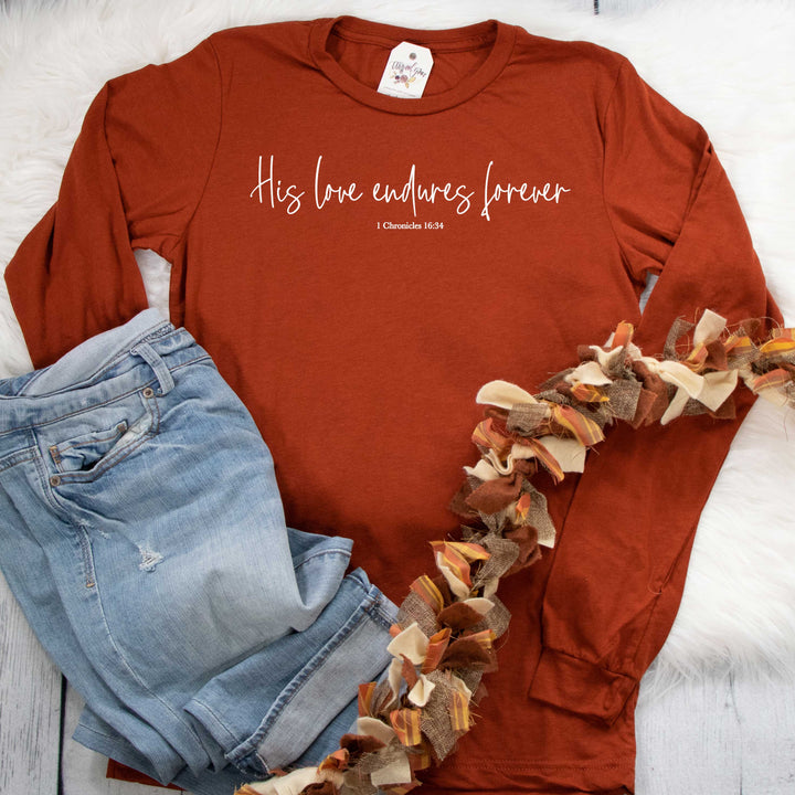 ellyandgrace 3501 Unisex Small / Brick Triblend His Love Endures Forever Crew Longsleeve