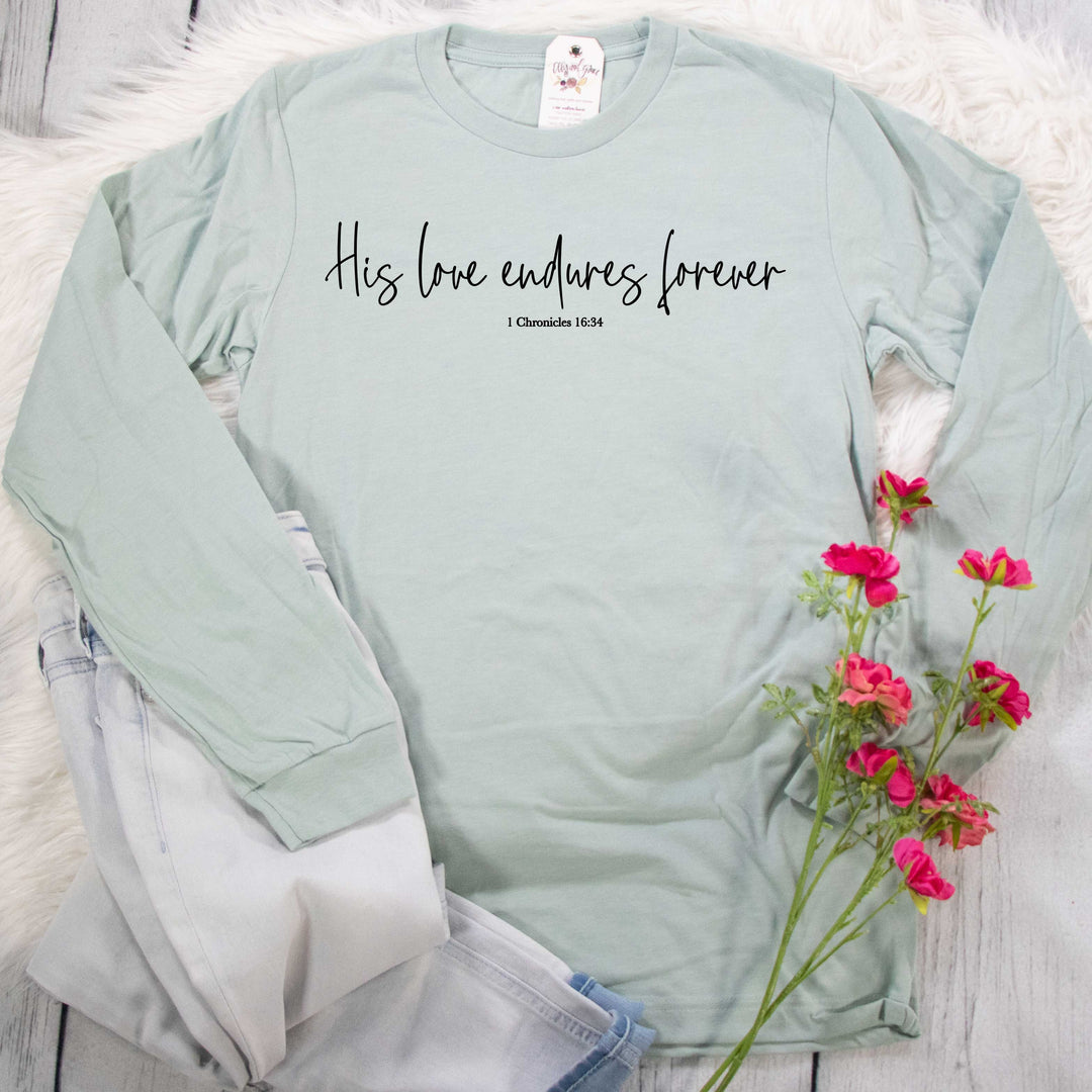 ellyandgrace 3501 Unisex Small / Heather Dusty Blue His Love Endures Forever Crew Longsleeve