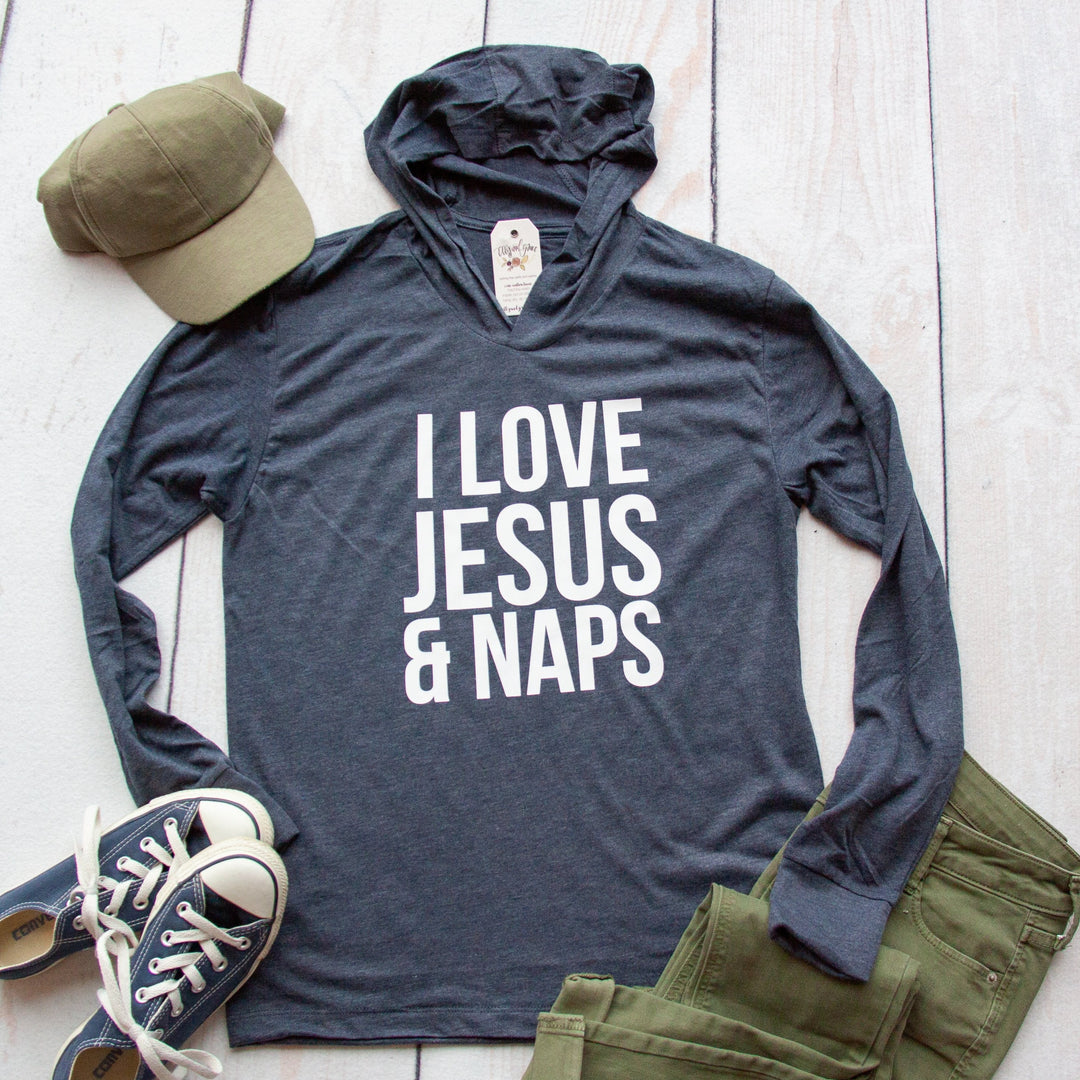 ellyandgrace 3512 Unisex XS / Heather Navy I Love Jesus and Naps T-Shirt Hoodie