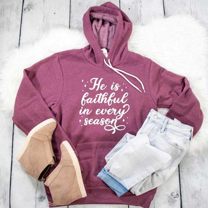 ellyandgrace 3719 Unisex Small / Heather Maroon He is Faithful in Every Season Premium Fleece Hoodie