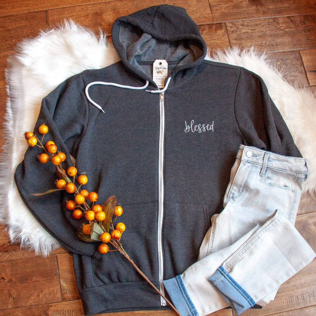 ellyandgrace 3739F Blessed Premium Fleece Zip Up Hoodie