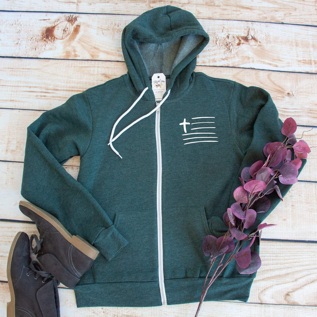 ellyandgrace 3739F Cross Flag Premium Fleece Zip Up Hoodie