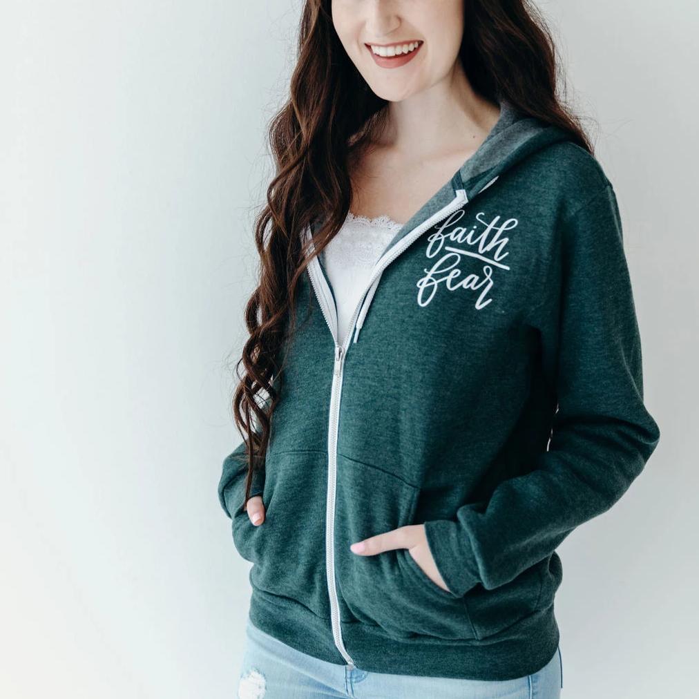 ellyandgrace 3739F Faith Over Fear Premium Fleece Zip Up Hoodie