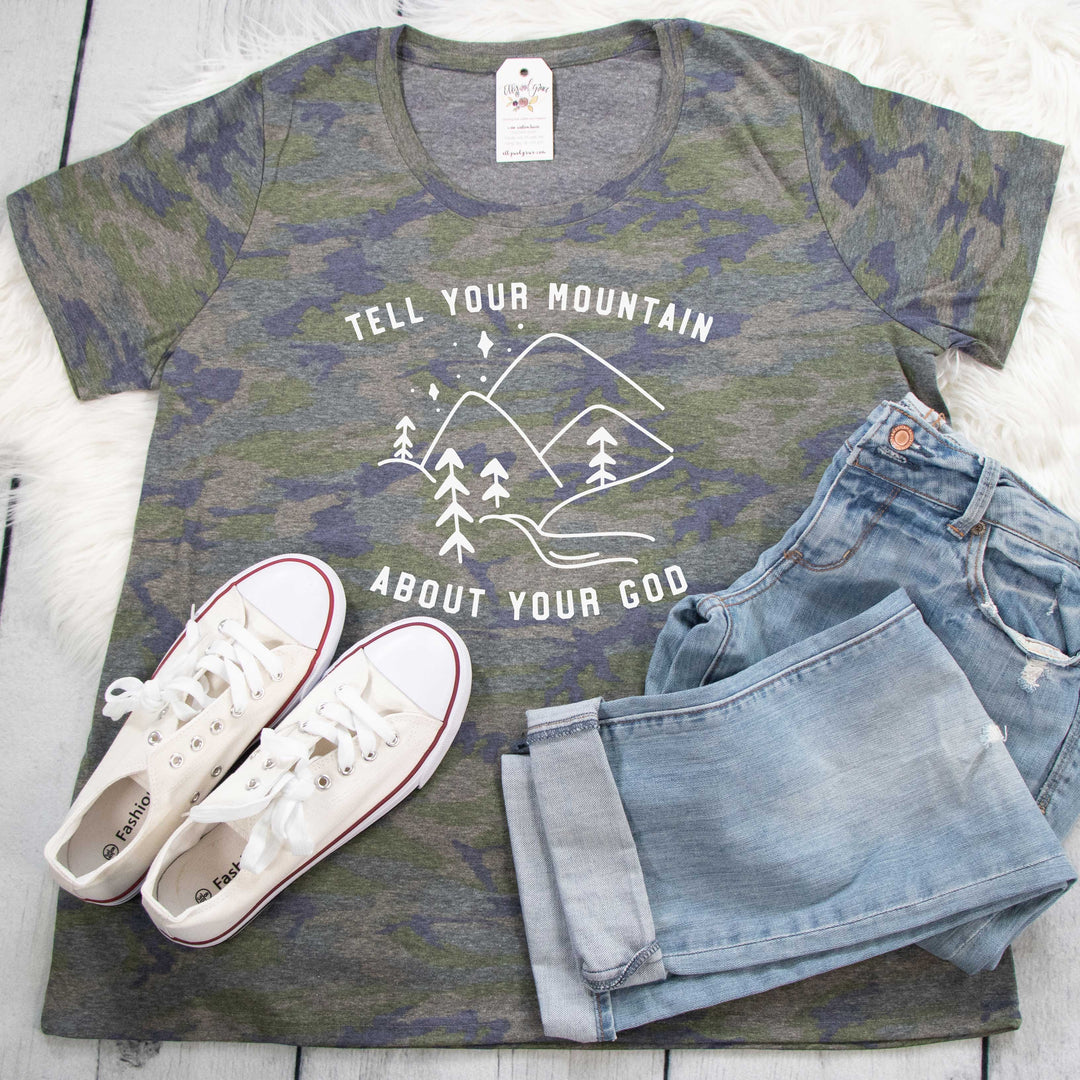 ellyandgrace 3816 1 (14-16) / Vintage Camo Tell Your Mountain About Your God Scoop Neck Curvy Tee