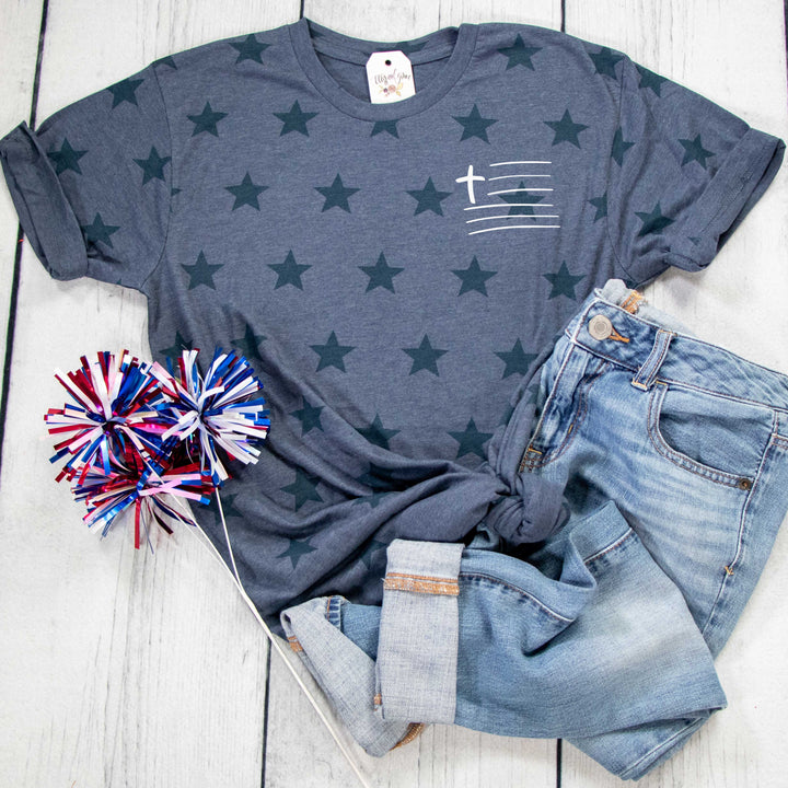 ellyandgrace 3929 Unisex Small / Denim Cross Flag Star Unisex Tee