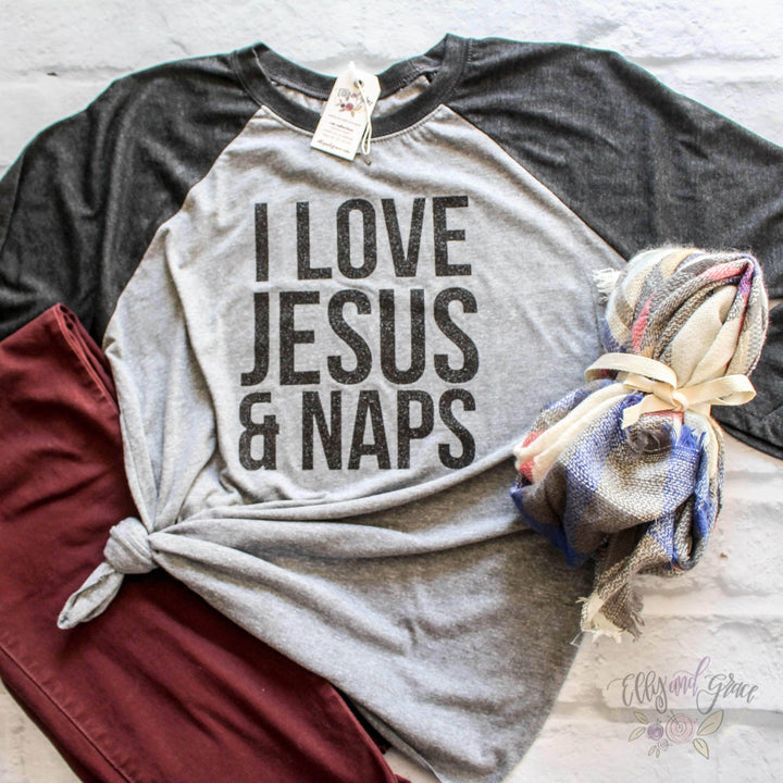 ellyandgrace 6051 Unisex XS / Black/Heather I Love Jesus and Naps Raglan