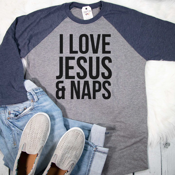 ellyandgrace 6051 Unisex XS / Navy/Heather I Love Jesus and Naps Raglan