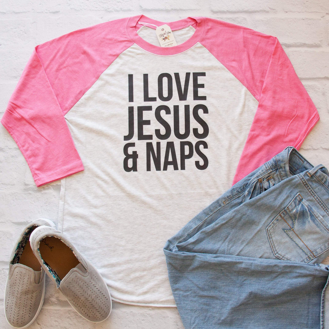 ellyandgrace 6051 Unisex XS / Pink/White I Love Jesus and Naps Raglan