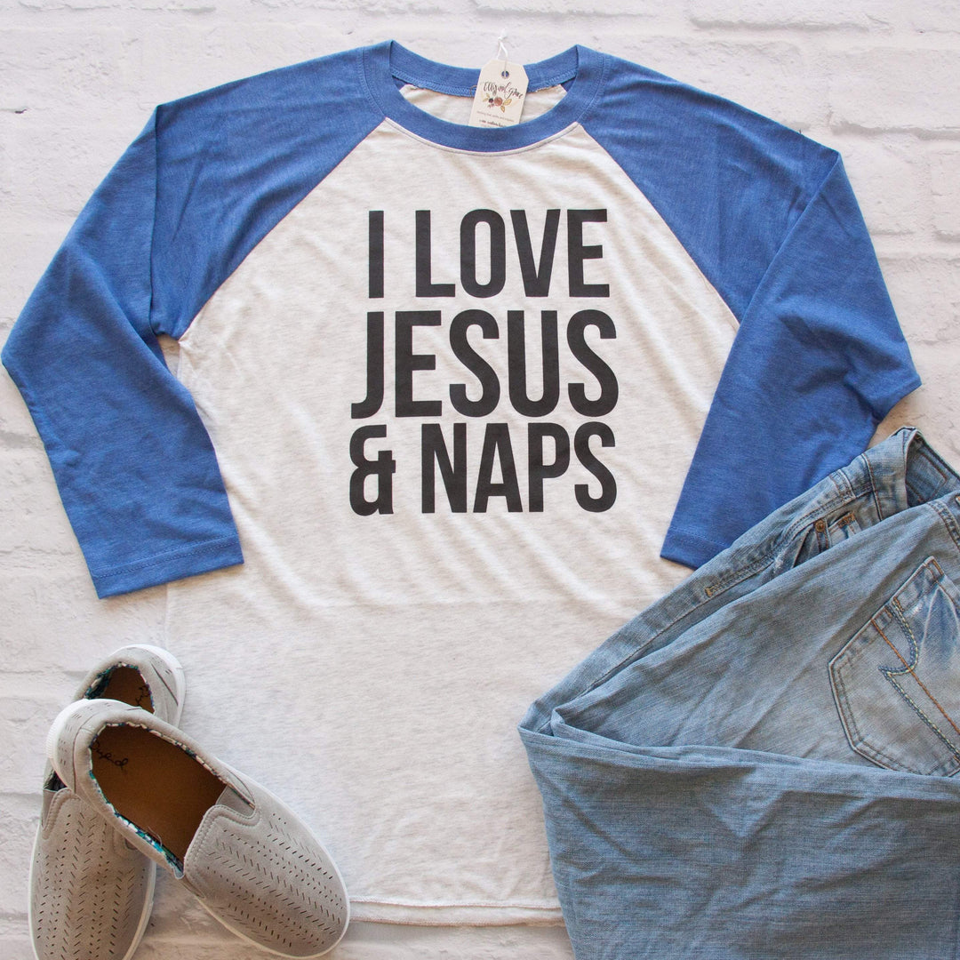 ellyandgrace 6051 Unisex XS / Royal/White I Love Jesus and Naps Raglan