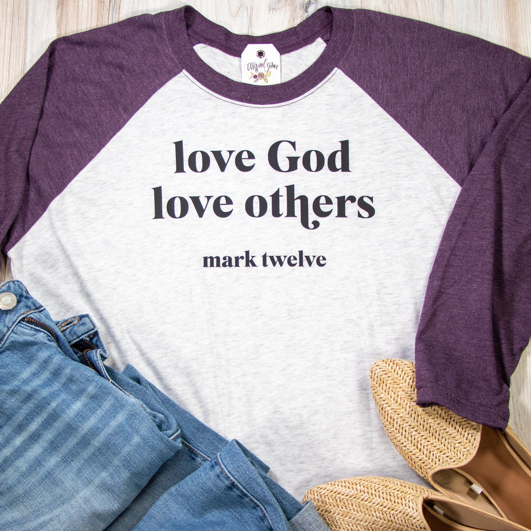 ellyandgrace 6051 Unisex XS / Vintage Purple/White Love God Love Others Raglan