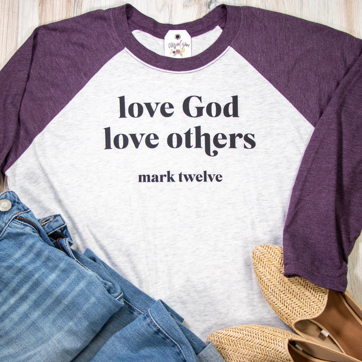 ellyandgrace 6051 Unisex XS / Vintage Purple/White Love God Love Others Raglan