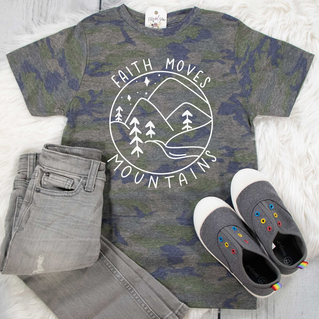 ellyandgrace 6101 Unisex Youth Small / Vintage Camo Faith Moves Mountains Unisex Youth Shirt