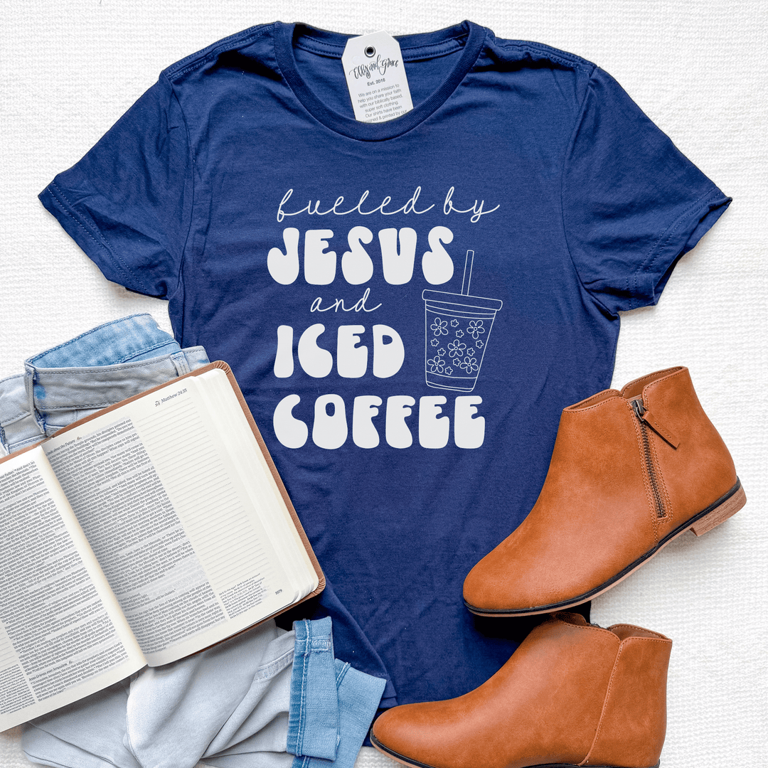 ellyandgrace 64000L Fueled By Jesus And Coffee Ladies Fit Short Sleeve Shirt
