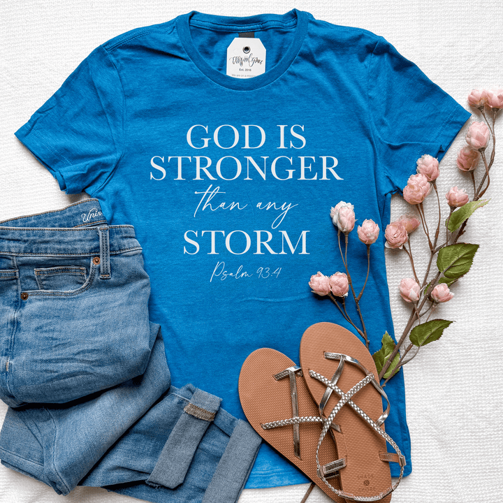 ellyandgrace 64000L God Is Stronger Than Any Storm Ladies Fit Short Sleeve Shirt