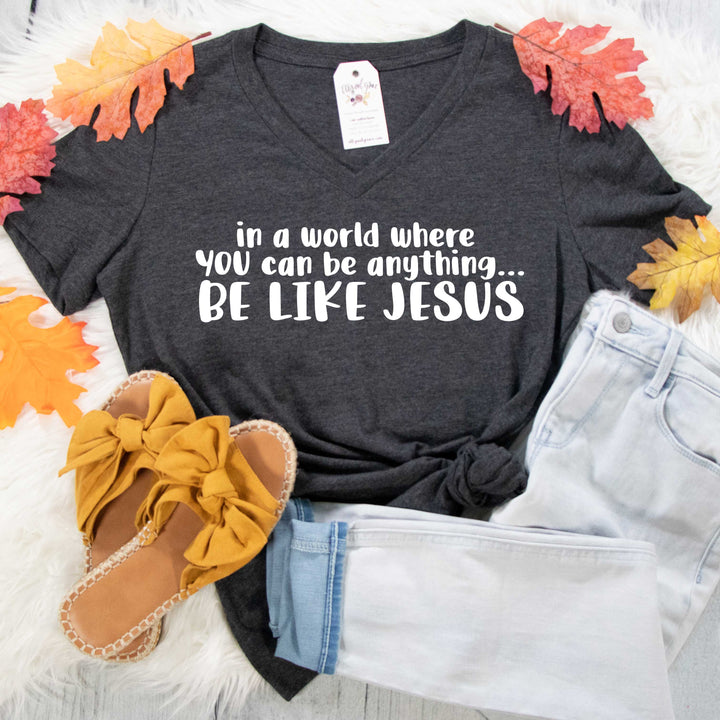 ellyandgrace 6405 Ladies Small / Dark Grey Heather Be Like Jesus Relaxed Ladies Vneck