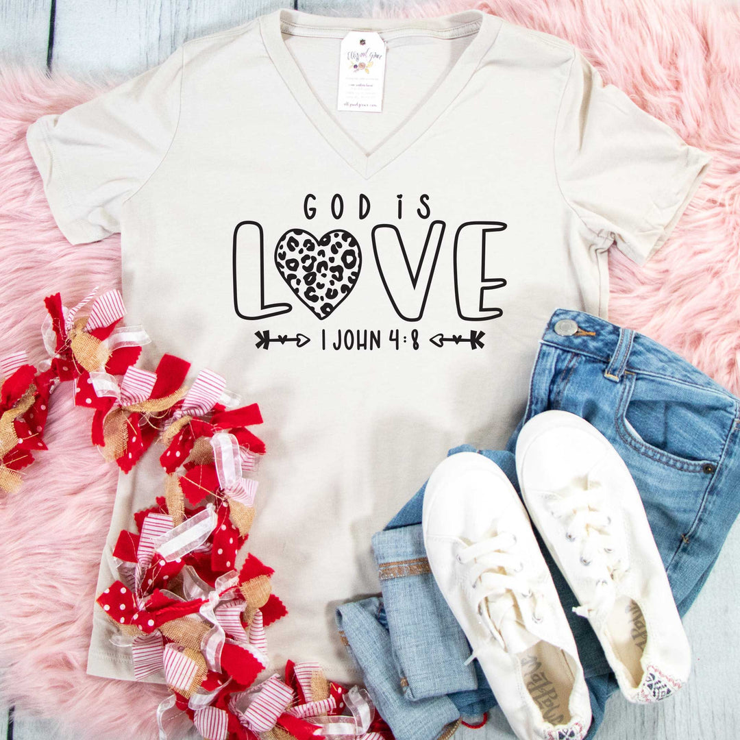 ellyandgrace 6405 Ladies Small / Heather Dust God is Love Leopard Heart Relaxed Ladies Vneck