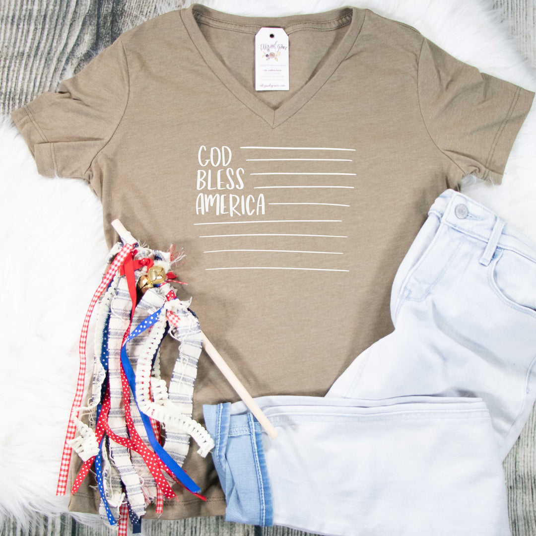 ellyandgrace 6405 Ladies Small / Heather Olive God Bless America Ladies V-Neck