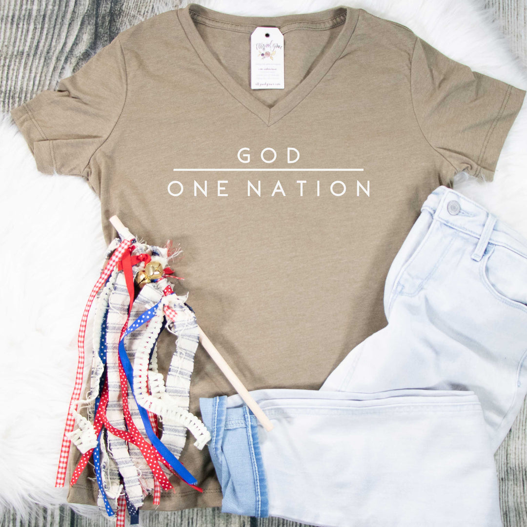 ellyandgrace 6405 Ladies Small / Heather Olive One Nation Under God Ladies V-Neck
