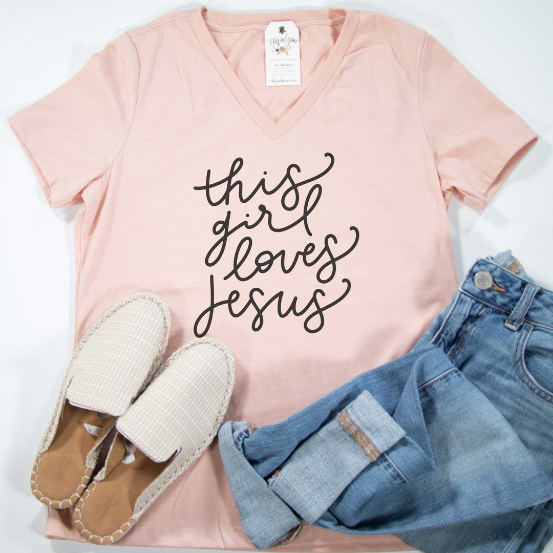 ellyandgrace 6405 Ladies Small / Heather Peach This Girl Loves Jesus Ladies V-Neck