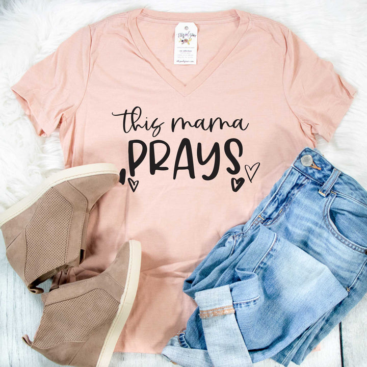 ellyandgrace 6405 Ladies Small / Heather Peach This Mama Prays Relaxed Ladies Vneck