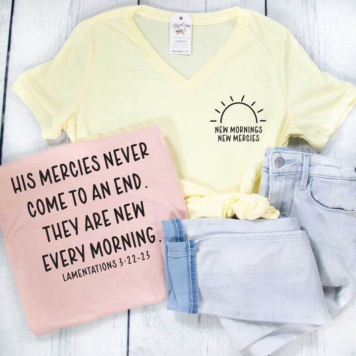 ellyandgrace 6405 Ladies Small / Pale Yellow Triblend New Morning New Mercies Ladies V-Neck