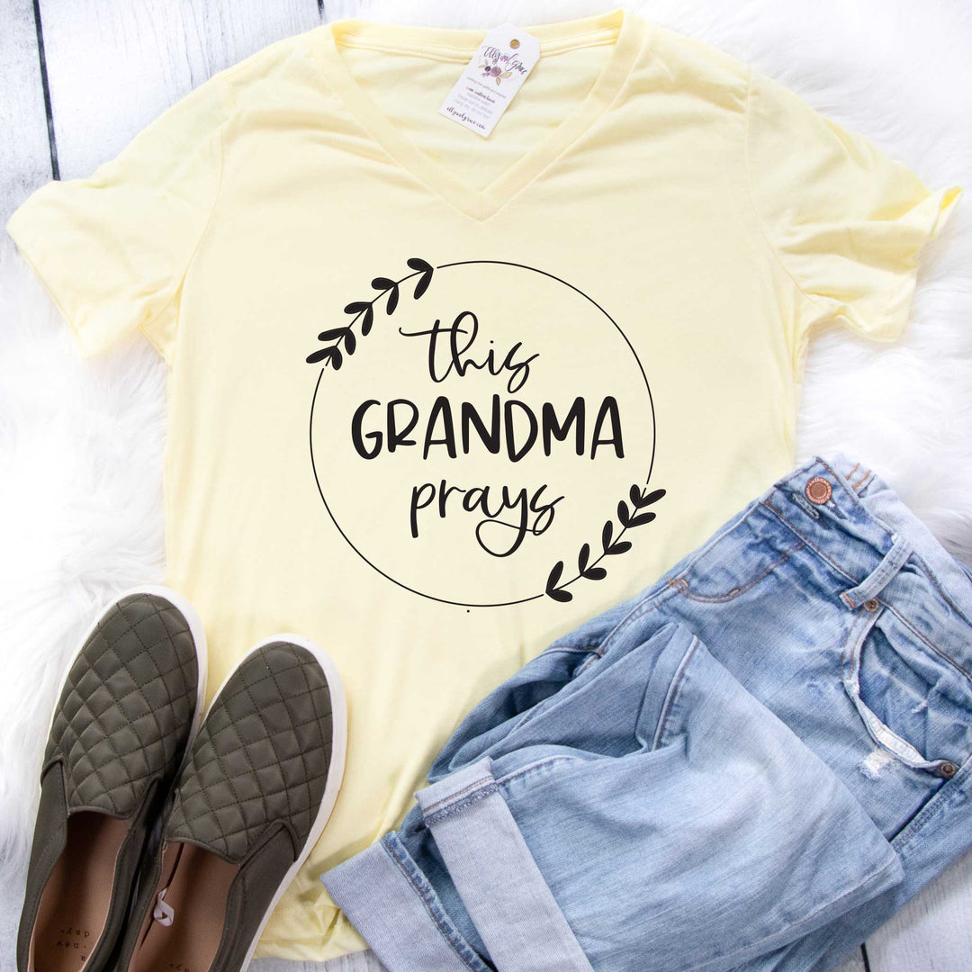 ellyandgrace 6405 Ladies Small / Pale Yellow Triblend This Grandma Prays Relaxed Ladies Vneck