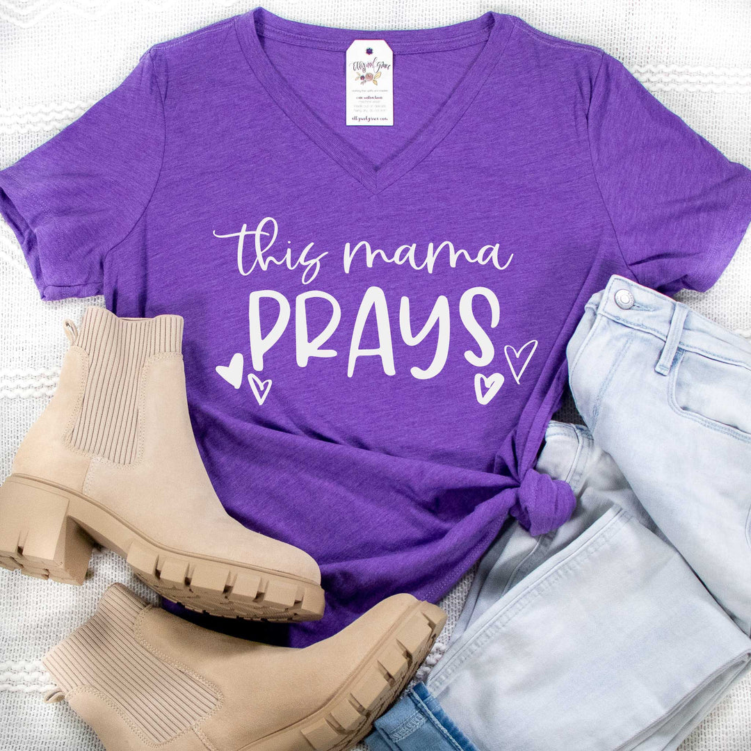 ellyandgrace 6405 Ladies Small / Purple Triblend This Mama Prays Relaxed Ladies Vneck