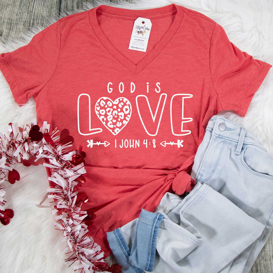 ellyandgrace 6405 Ladies Small / Red Triblend God is Love Leopard Heart Relaxed Ladies Vneck