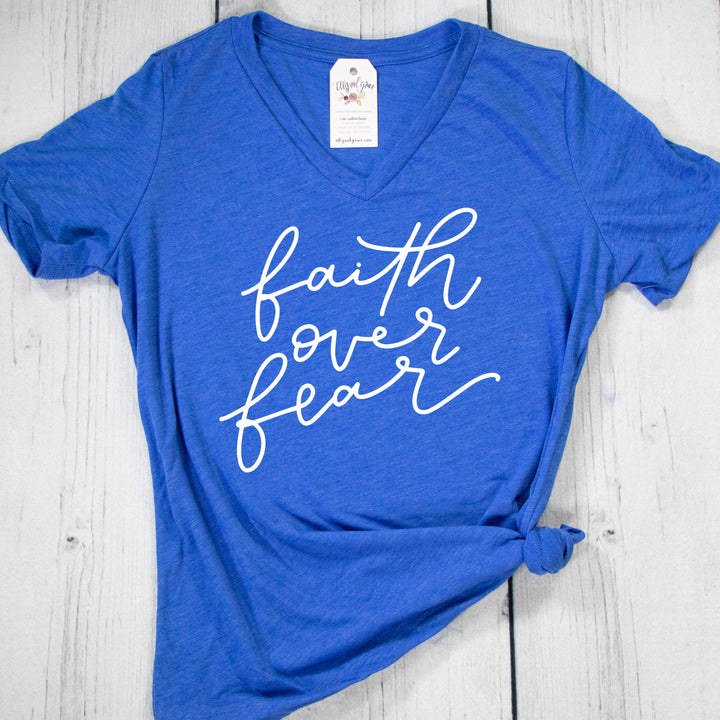 ellyandgrace 6405 Ladies Small / True Royal Triblend Faith Over Fear Ladies V-Neck