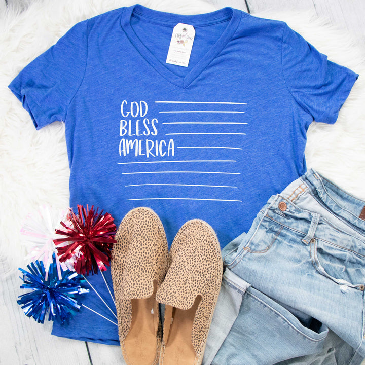 ellyandgrace 6405 Ladies Small / True Royal Triblend God Bless America Ladies V-Neck