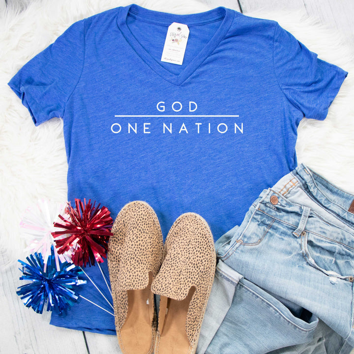 ellyandgrace 6405 Ladies Small / True Royal Triblend One Nation Under God Ladies V-Neck