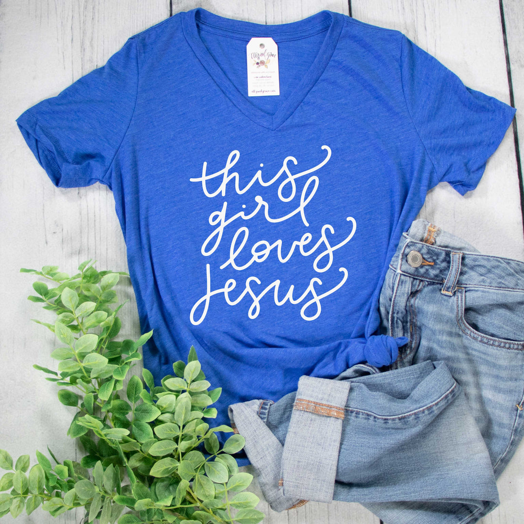 ellyandgrace 6405 Ladies Small / True Royal Triblend This Girl Loves Jesus Ladies V-Neck