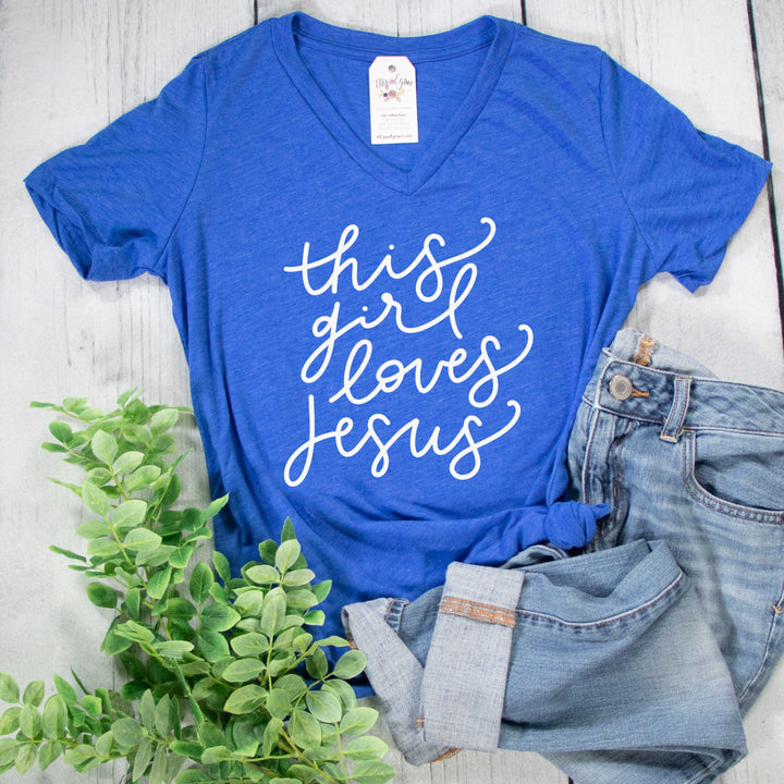 ellyandgrace 6405 Ladies Small / True Royal Triblend This Girl Loves Jesus Ladies V-Neck