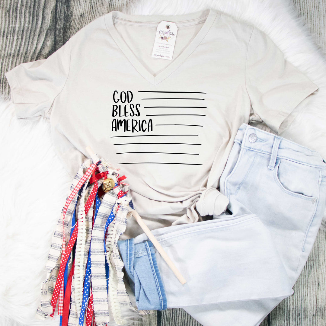 ellyandgrace 6405 Ladies Small / Vintage White God Bless America Ladies V-Neck