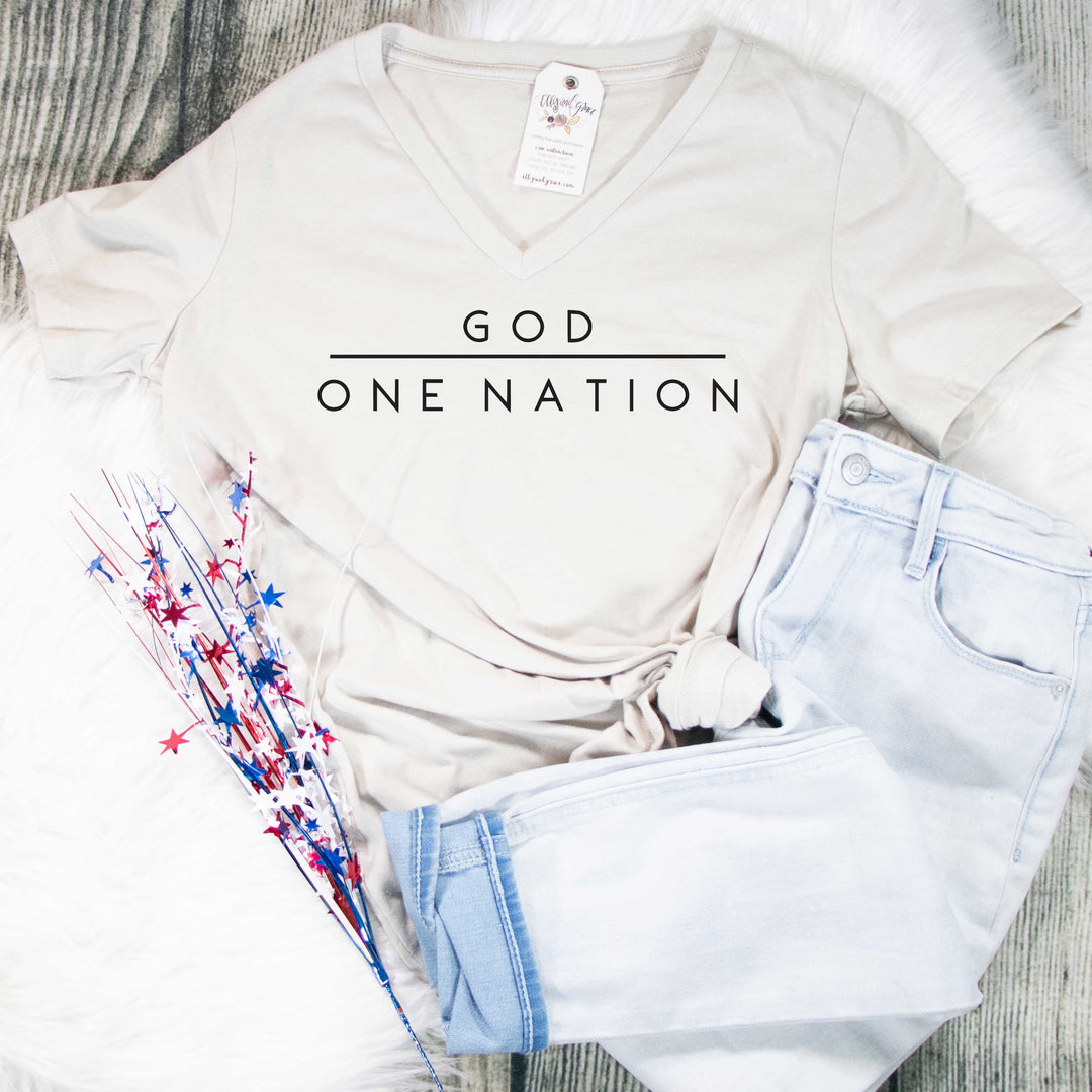 ellyandgrace 6405 Ladies Small / Vintage White One Nation Under God Ladies V-Neck