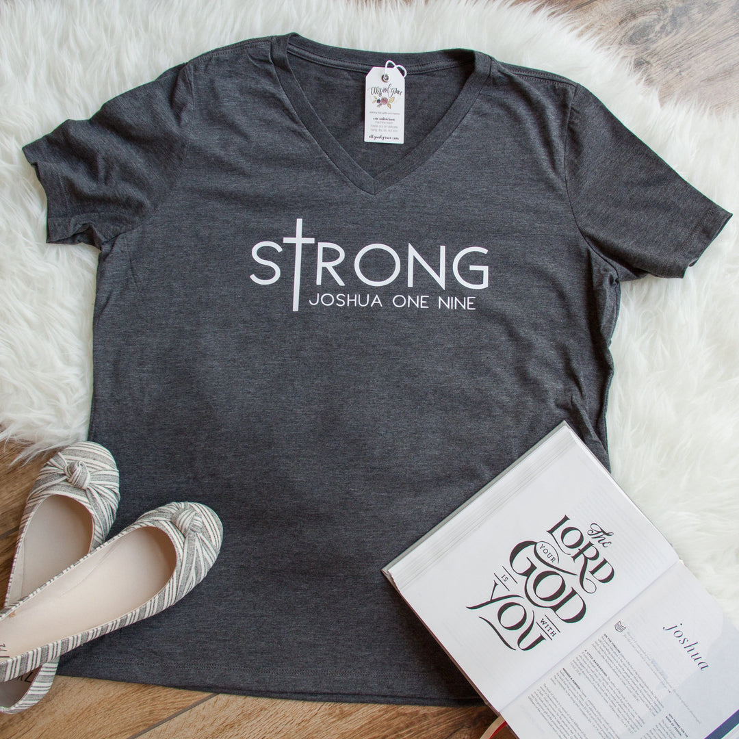 ellyandgrace 6405 sTrong Joshua 1:9 Relaxed Ladies Vneck