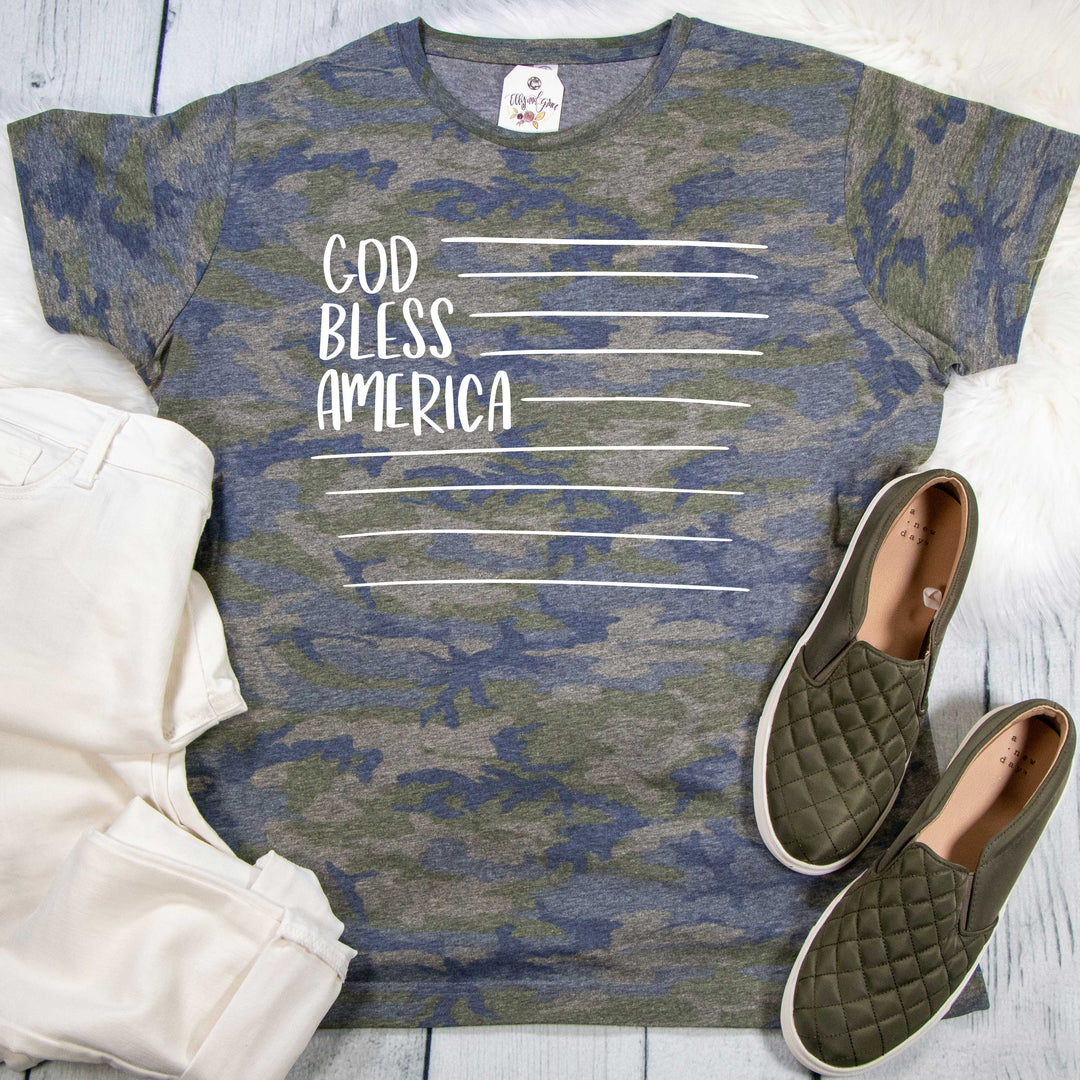 ellyandgrace 6901 God Bless America Camo Unisex Tee