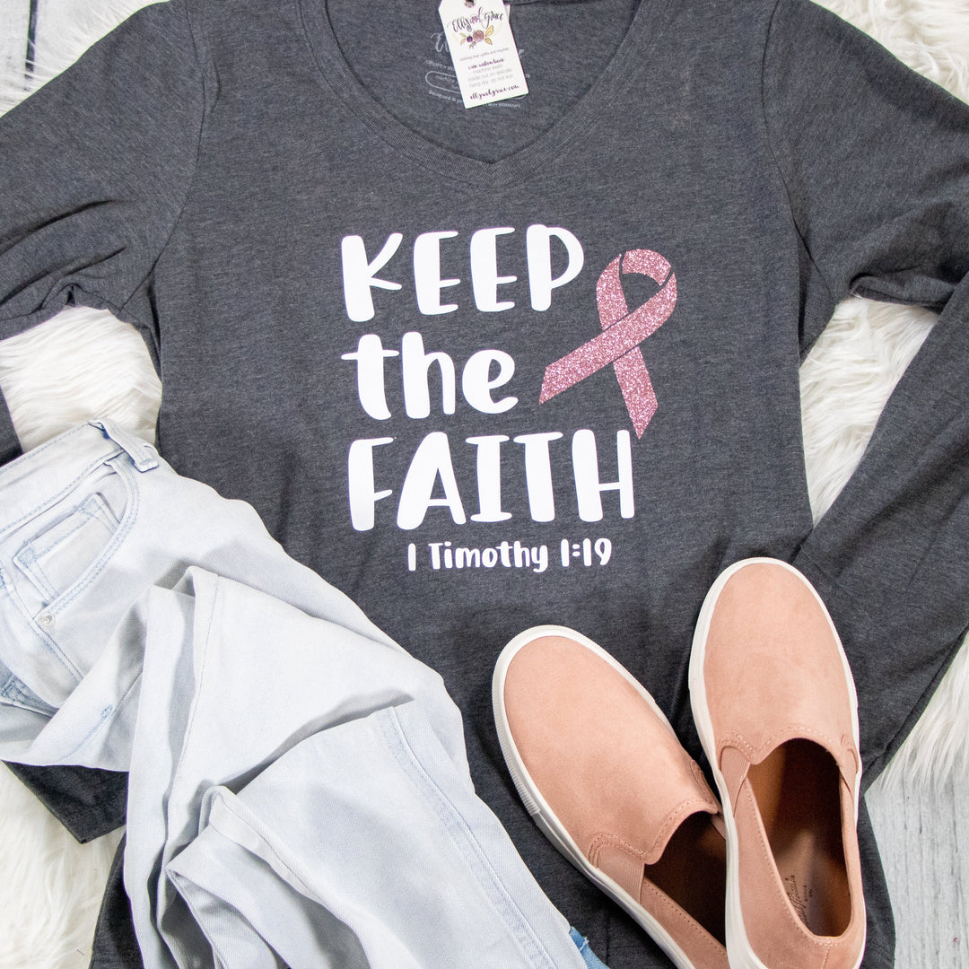 ellyandgrace LPC450VLS Keep the Faith Breast Cancer Awareness Longsleeve V-Neck
