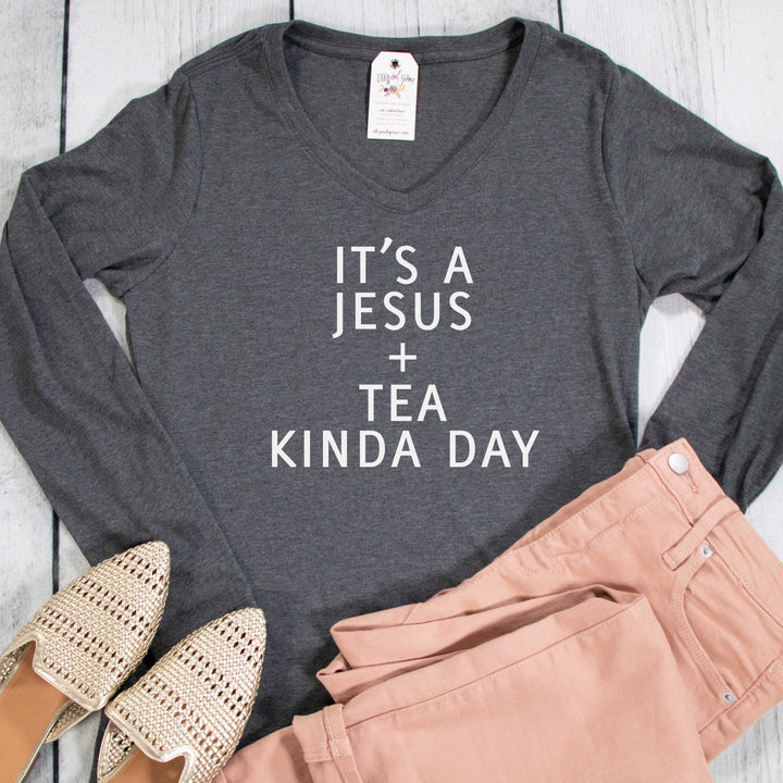 ellyandgrace LPC450VLS Ladies XS / Dark Heather Grey It's a Jesus and Tea Kinda Day Longsleeve V-Neck