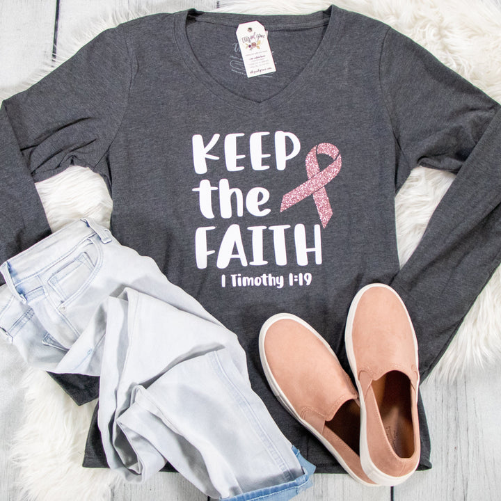 ellyandgrace LPC450VLS Ladies XS / Dark Heather Grey Keep the Faith Breast Cancer Awareness Longsleeve V-Neck