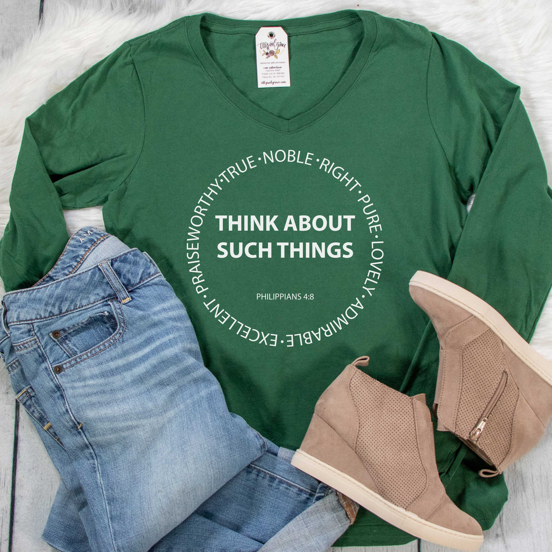 ellyandgrace LPC450VLS Ladies XS / Forest Green Think About Such Things Longsleeve V-Neck