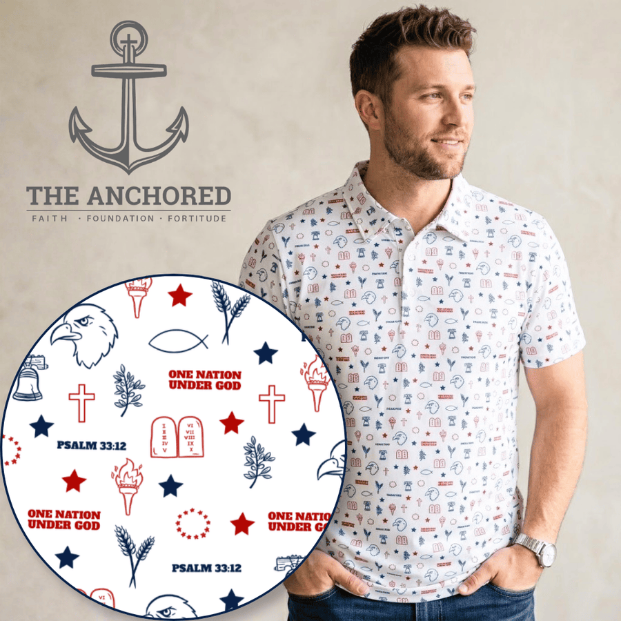 One Nation Under God Christian men's golf shirt, front view