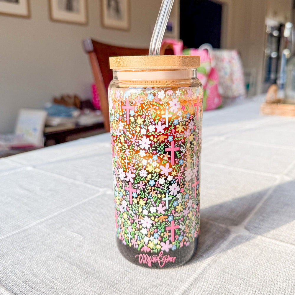 ellyandgrace Tumbler 20oz Floral Cross Inspirational Glass Tumbler