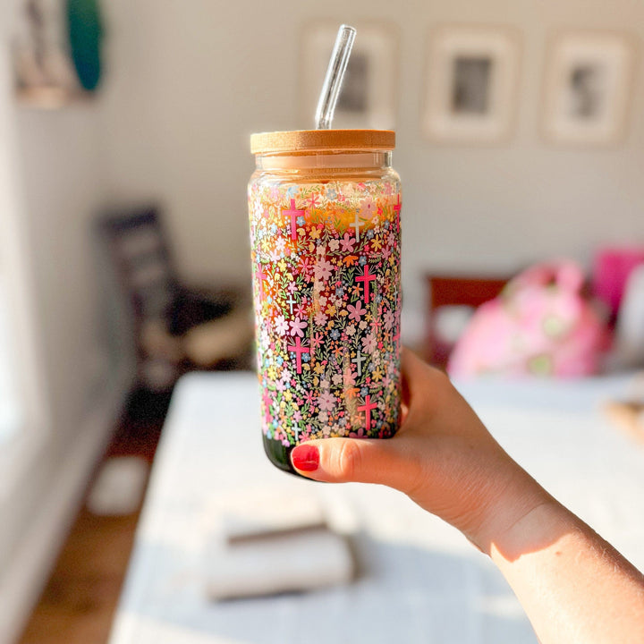 ellyandgrace Tumbler 20oz Floral Cross Inspirational Glass Tumbler